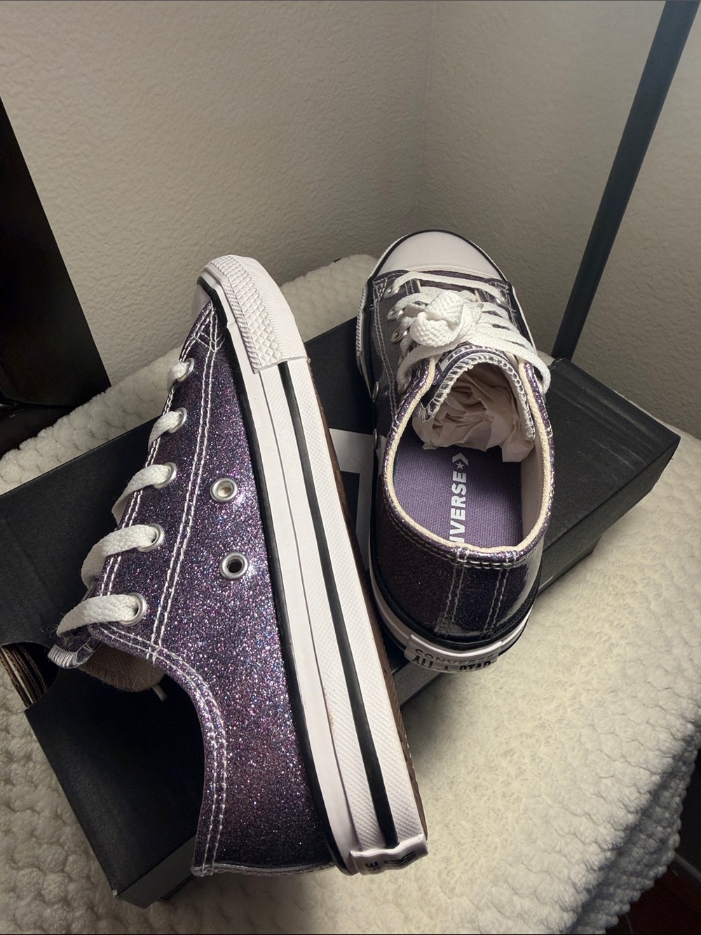 Converse Kids Purple Glitter Low Top Sneakers with White Laces - Picture 9 of 12